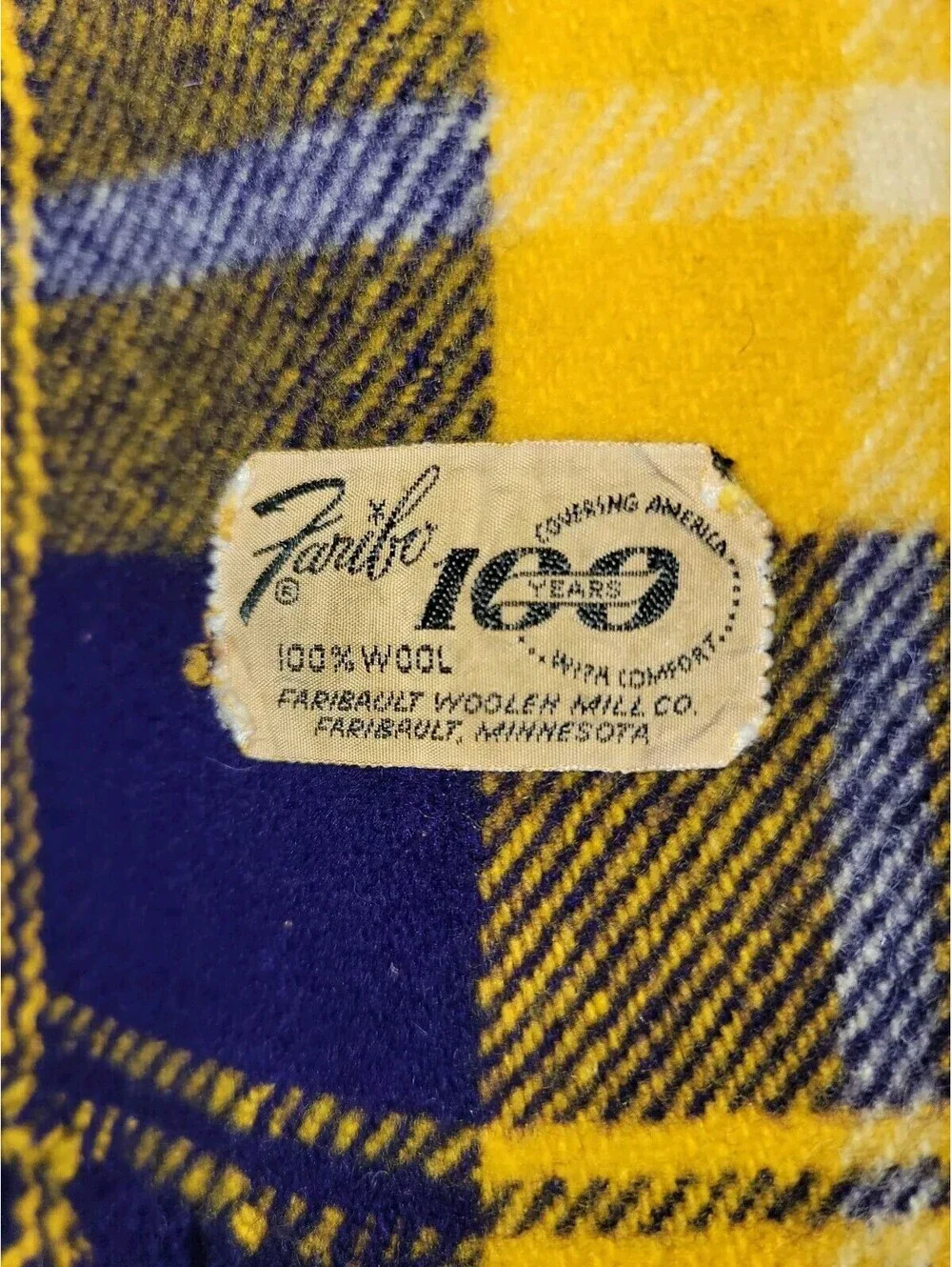 Vtg Faribo 100% Wool Throw Blanket Fringe Afghan Faribault Purple Gold 100 Yr **